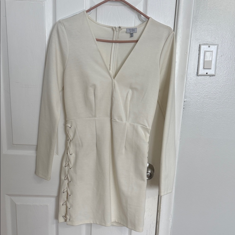 Tobi Ivory Lace-Up Long Sleeve Dress